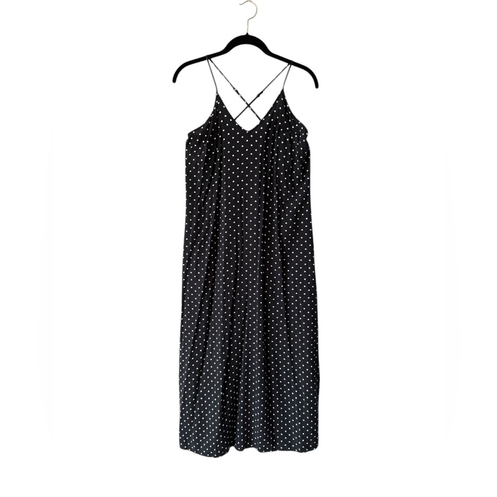 Women’s Black Polka Dot Slip Midi Dress Size Medium Crisscross Straps Viscose